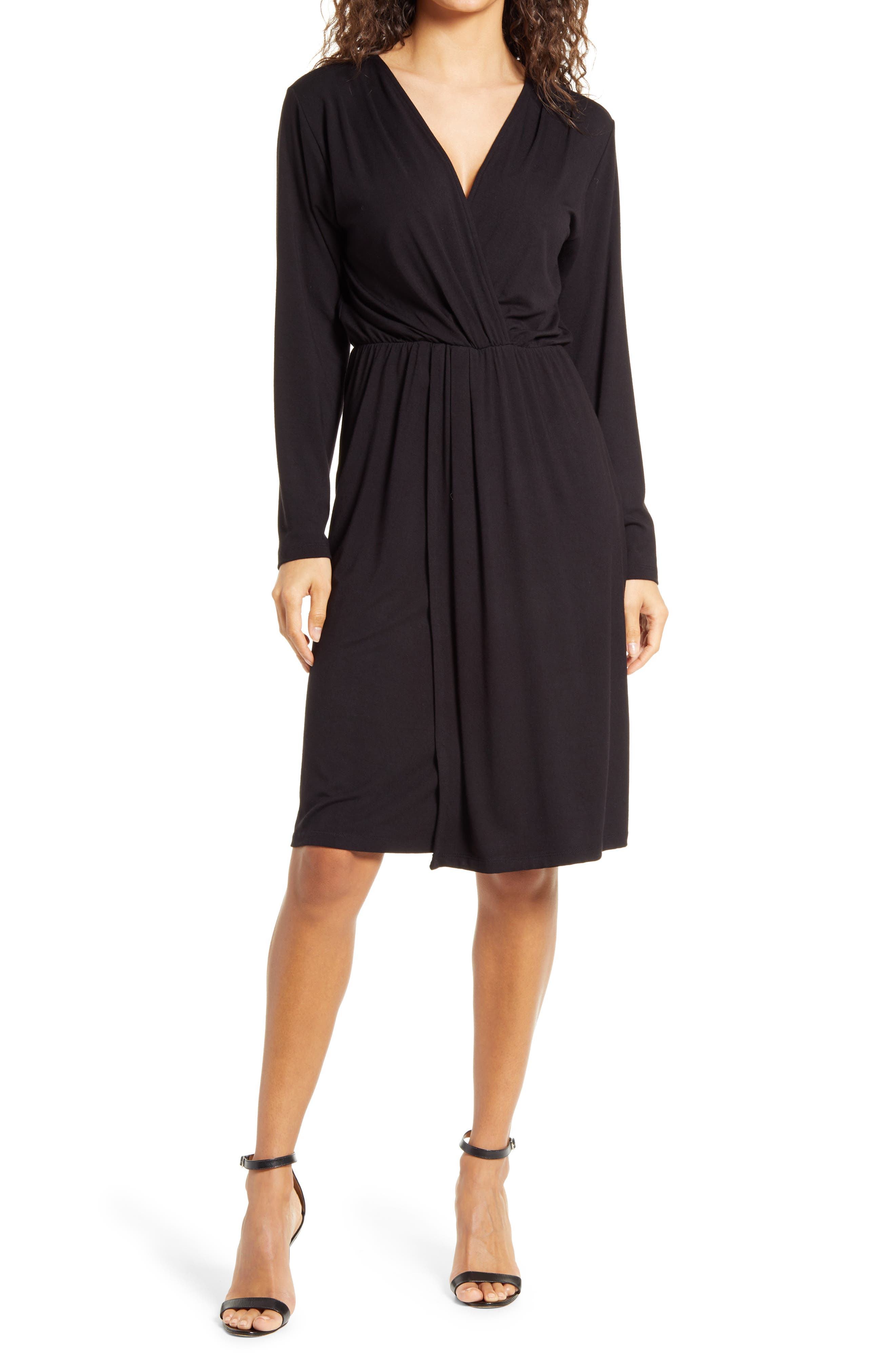 Long Sleeve Faux Wrap Dress ...